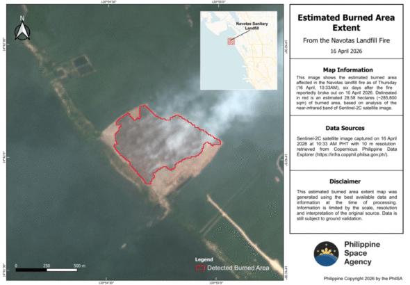 Satellite image on Thursday 16 April shows 28.6 hectares burned